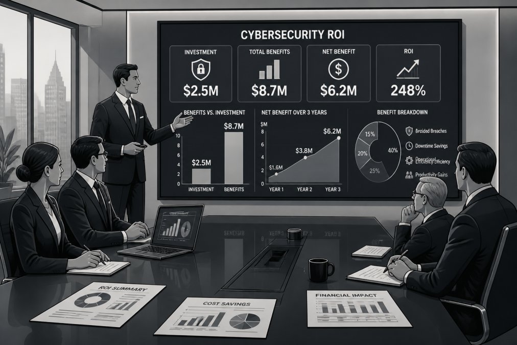 Executive team in a boardroom presenting cybersecurity ROI findings on a large screen, with business professionals in suits taking notes and reviewing printed financial reports on a polished conference table, professional office lighting