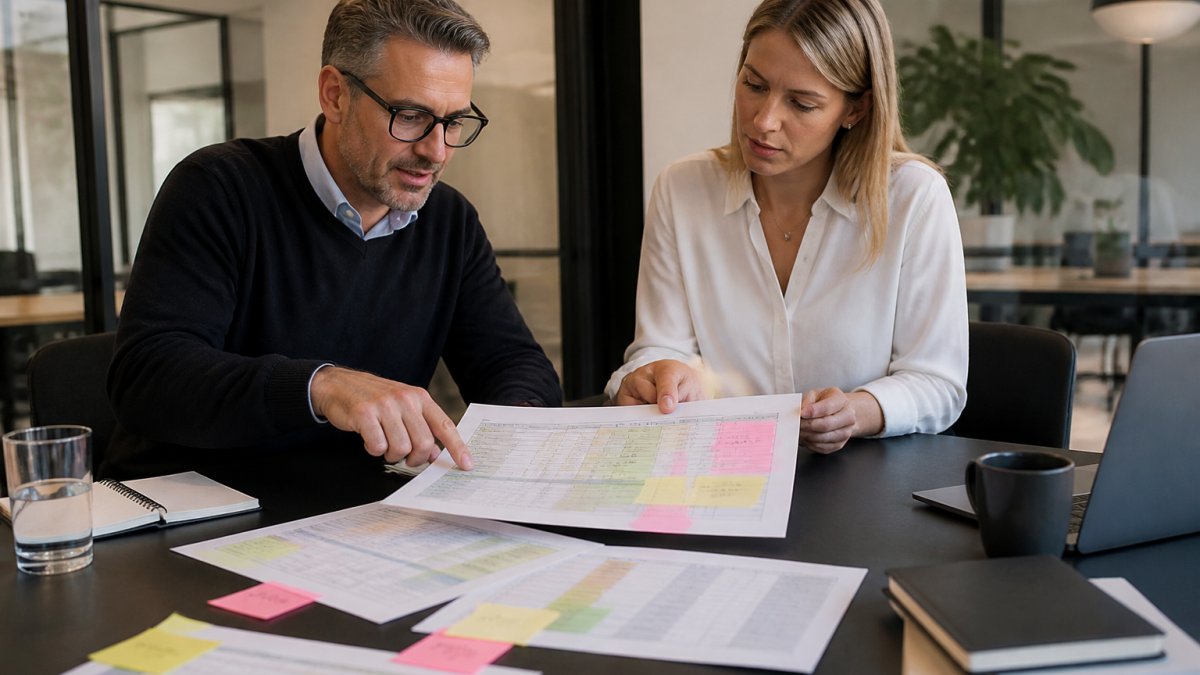 A senior ecommerce manager and finance lead reviewing a printed budget worksheet and laptop spreadsheet across a modern conference table, with sticky notes marking cost categories