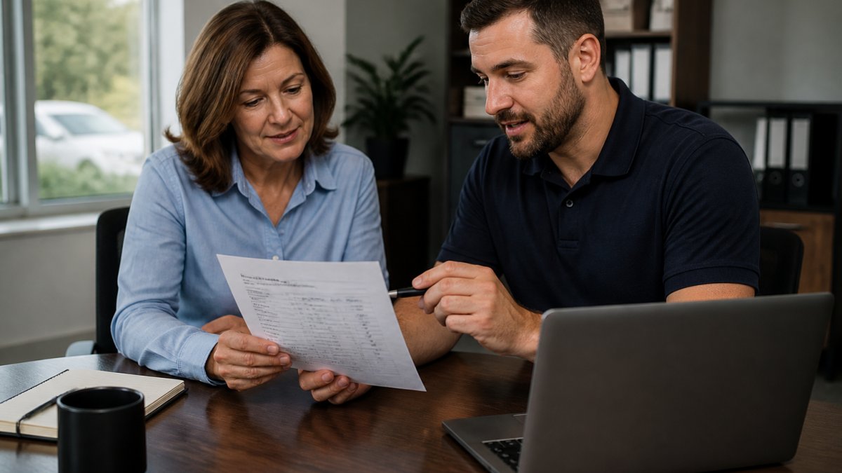 Small business owner and an IT consultant reviewing a printed security checklist together at a desk in a modest office, laptop open showing a dashboard