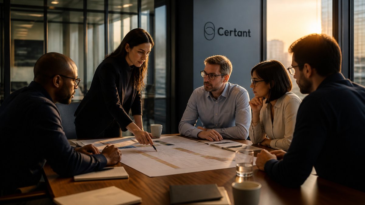 A project team gathered around a large table in a glass-walled meeting room, reviewing printed deployment timelines and pointing at a wall-mounted screen showing a phased rollout schedule, late afternoon light through the windows