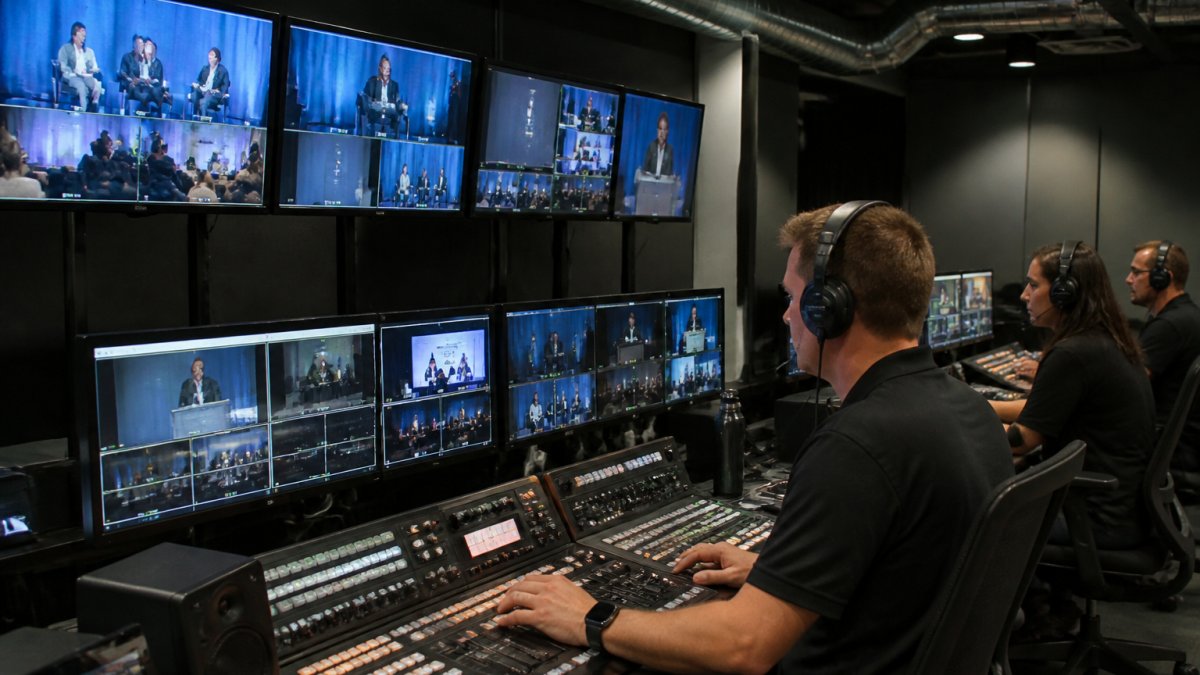 Technical staff monitoring broadcast quality in a modern enterprise live streaming platform control room