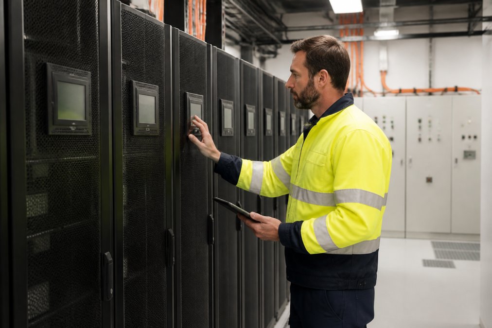Technician inspecting modular UPS units within critical power infrastructure in a modern data center