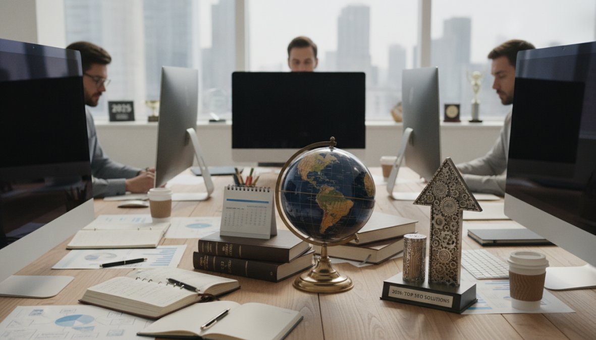 Team of SEO professionals collaborating around a desk with multiple monitors displaying analytics dashboards, rank tracking data, and competitor research in a modern office