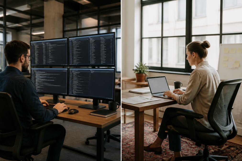 Business professional analyzing SEO reports and site architecture on multiple monitors in a modern corporate office with natural lighting and collaborative workspace