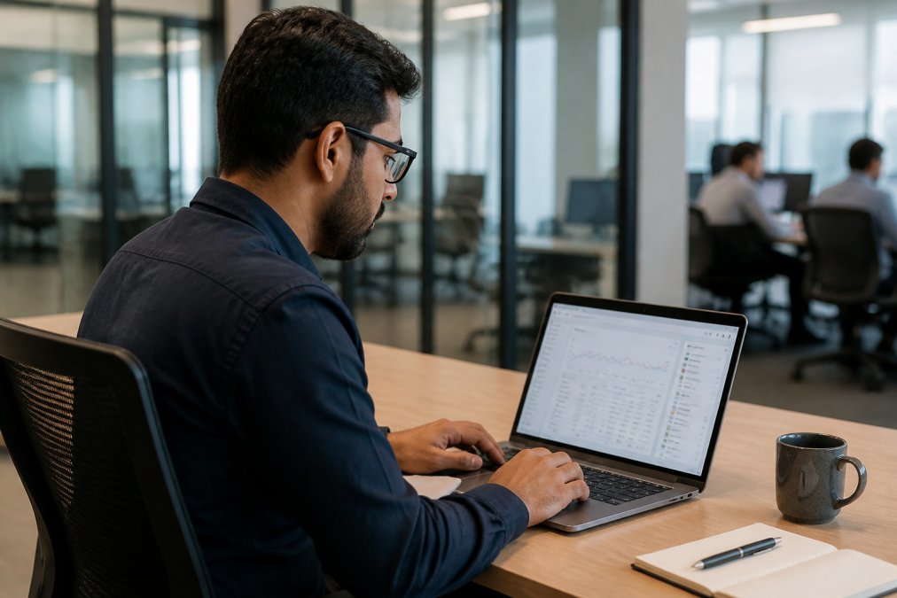 Technical SEO specialist reviewing crawl budget metrics and site architecture diagrams on a laptop in a corporate office environment, with multiple analytics dashboards visible