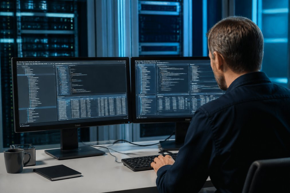A database administrator reviewing query performance metrics on dual monitors in a modern server room, with execution plan graphs glowing on screen under cool overhead lighting