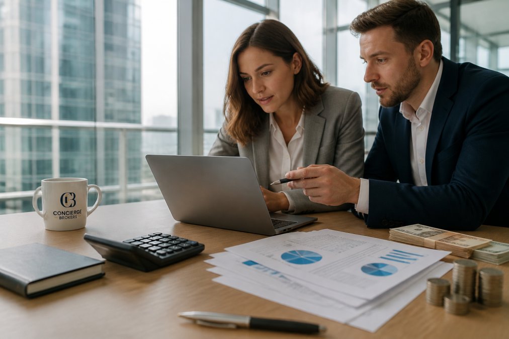 Two business professionals reviewing a laptop screen with dashboard analytics in a modern glass-walled office, natural daylight streaming through the windows