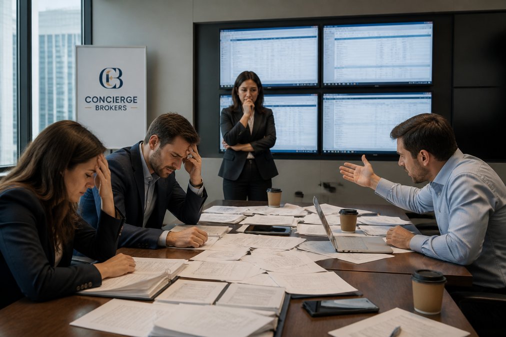 Business team in conference room reviewing data on multiple screens showing disconnected systems, with frustrated expressions and papers spread across table in modern office setting