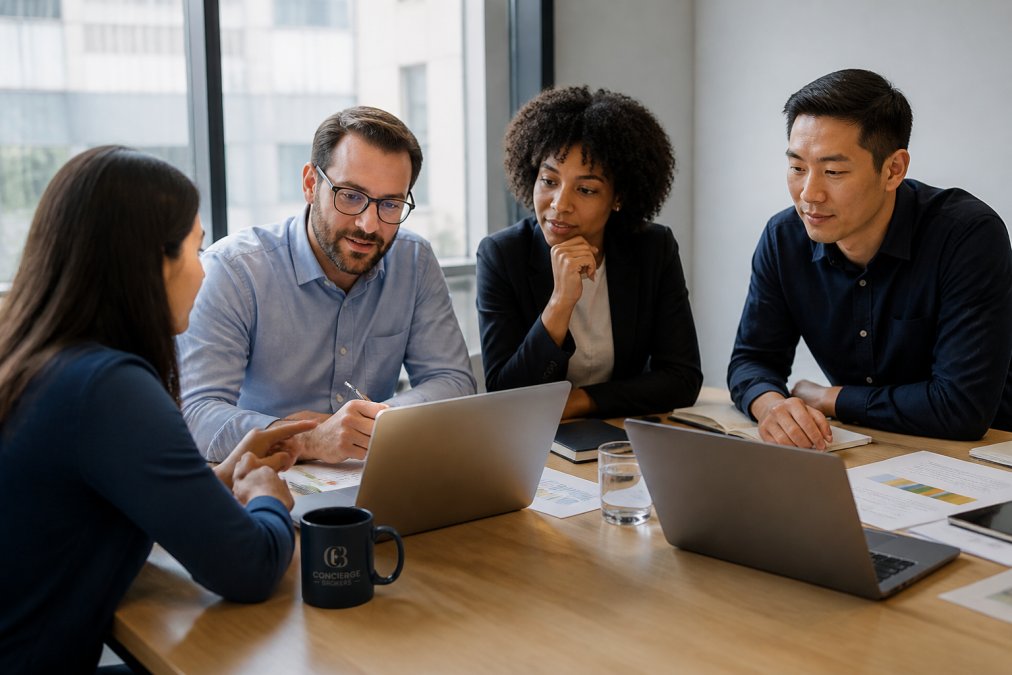 Diverse group of professionals collaborating around table with laptops and documents, reviewing performance metrics and integration dashboards with visible data on screens, natural office lighting