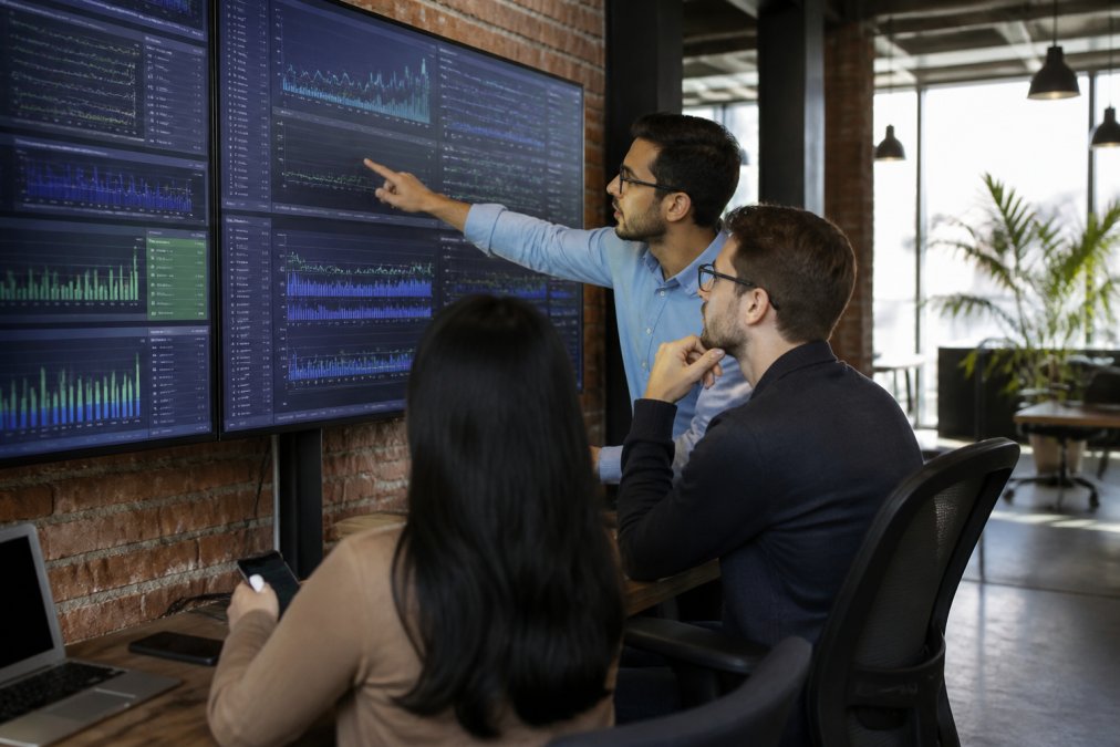 Performance engineering team analyzing real-time latency dashboards for website performance optimization strategy.