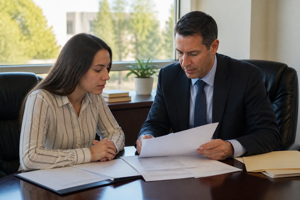 Professional entertainment attorney reviewing contract documents with client in modern office setting, both examining papers on desk with natural window lighting