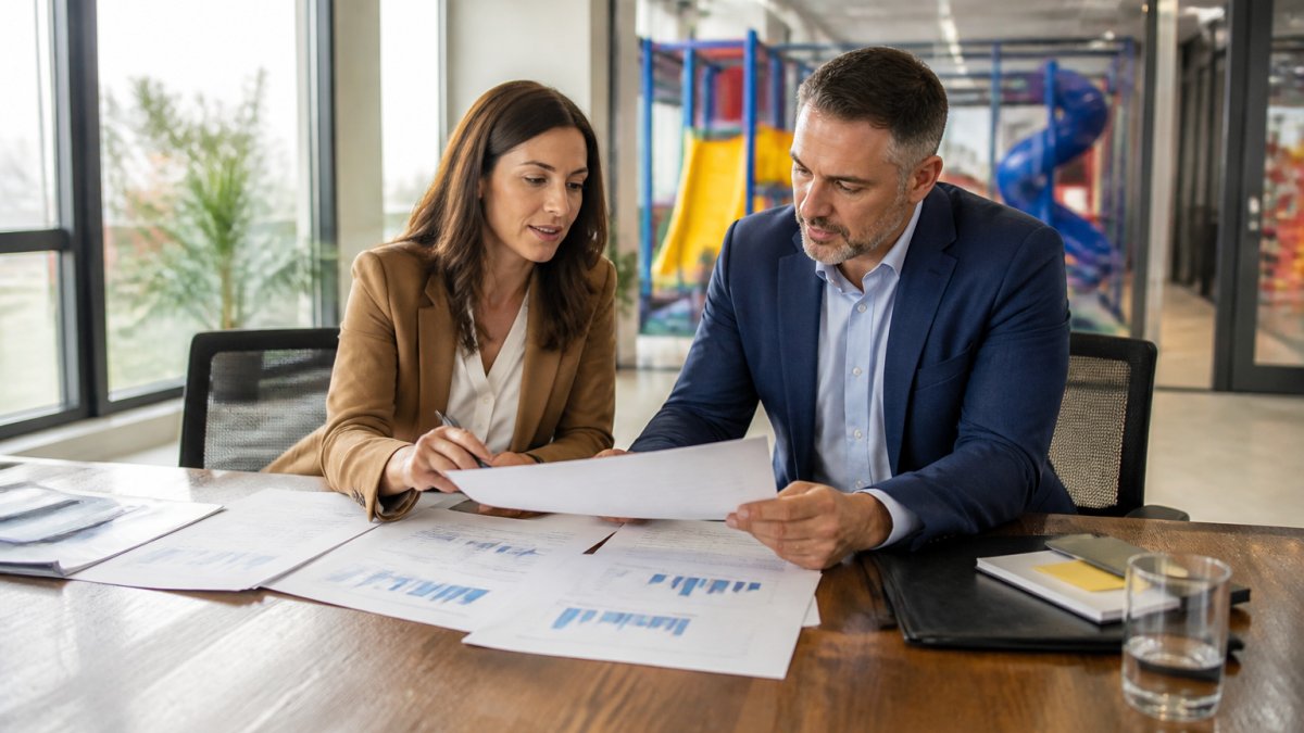 Consultant and FEC owner reviewing financial projections for business plan consulting services at a table.