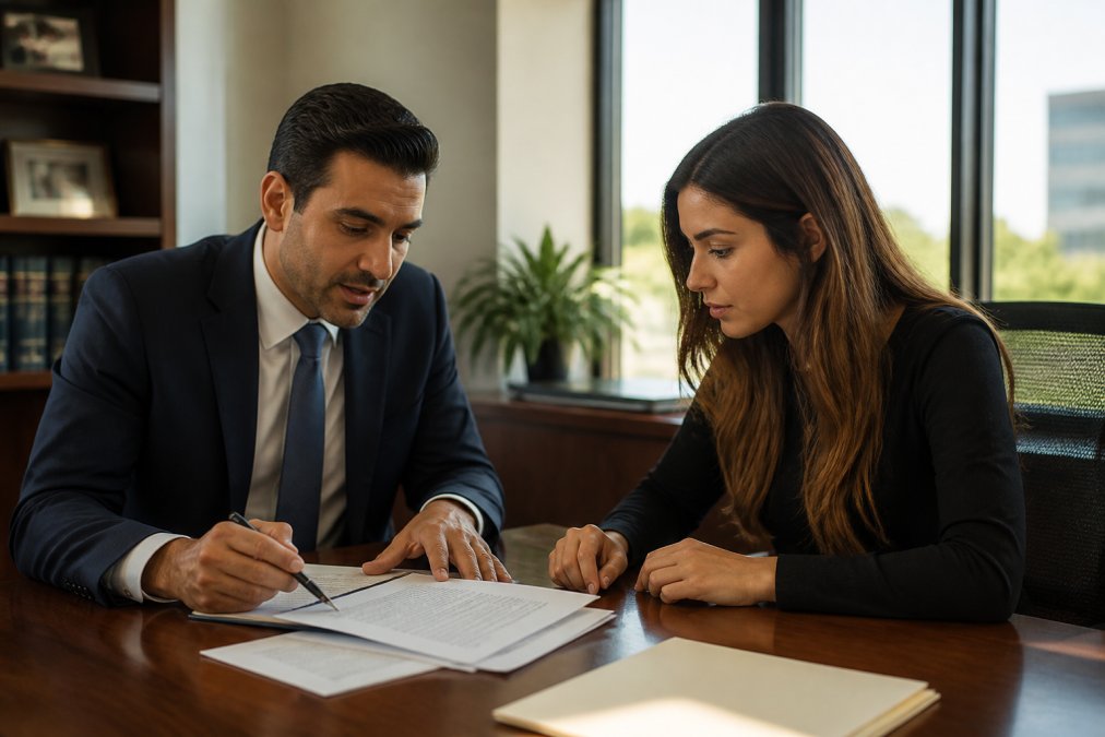 Professional attorney and client meeting in a modern law office, reviewing documents and contract agreements on a desk with natural lighting streaming through windows