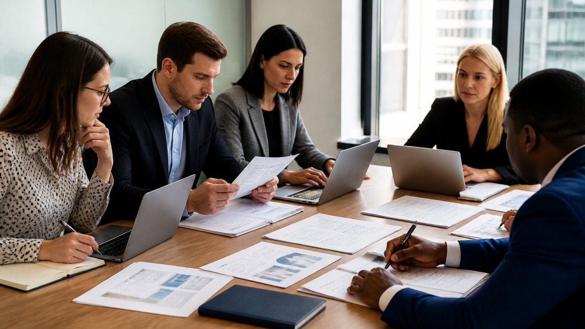 Professional team gathered around conference table reviewing implementation documents and timelines on laptops and printed materials in modern office setting