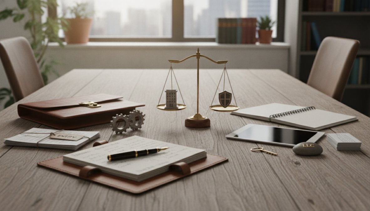 Business owner reviewing legal documents and formation papers at a desk with a laptop and notepad, studying entity formation requirements