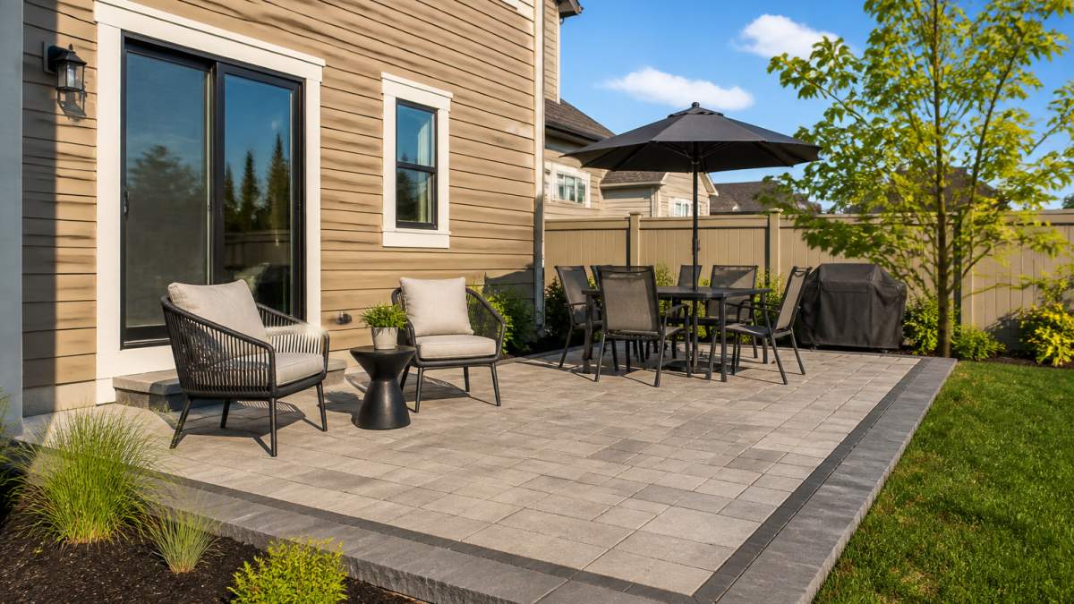 Une terrasse en pavé-uni fraîchement installée derrière une maison de banlieue, avec des joints nets, une bordure propre et du mobilier de jardin, sous un ciel clair d'après-midi