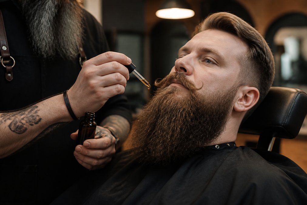 Un homme applique de l'huile dans sa barbe longue bien entretenue lors d'une séance d'entretien barbe longue.