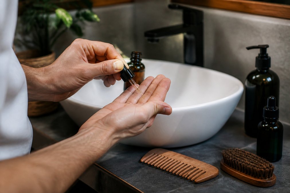 Mains d'un homme appliquant de l'huile pour un entretien barbe méticuleux avec un peigne en bois sur un meuble de salle de