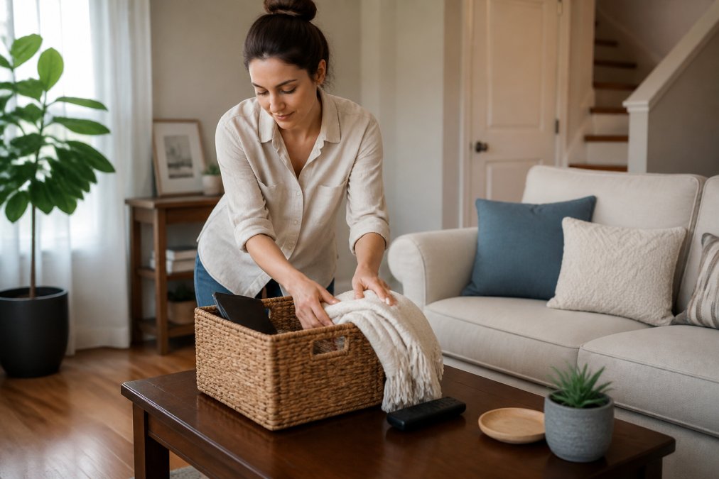 Une personne dans un salon lumineux pliant une couverture et déposant des objets personnels dans un panier en osier, avant l'arrivée d'une équipe de nettoyage