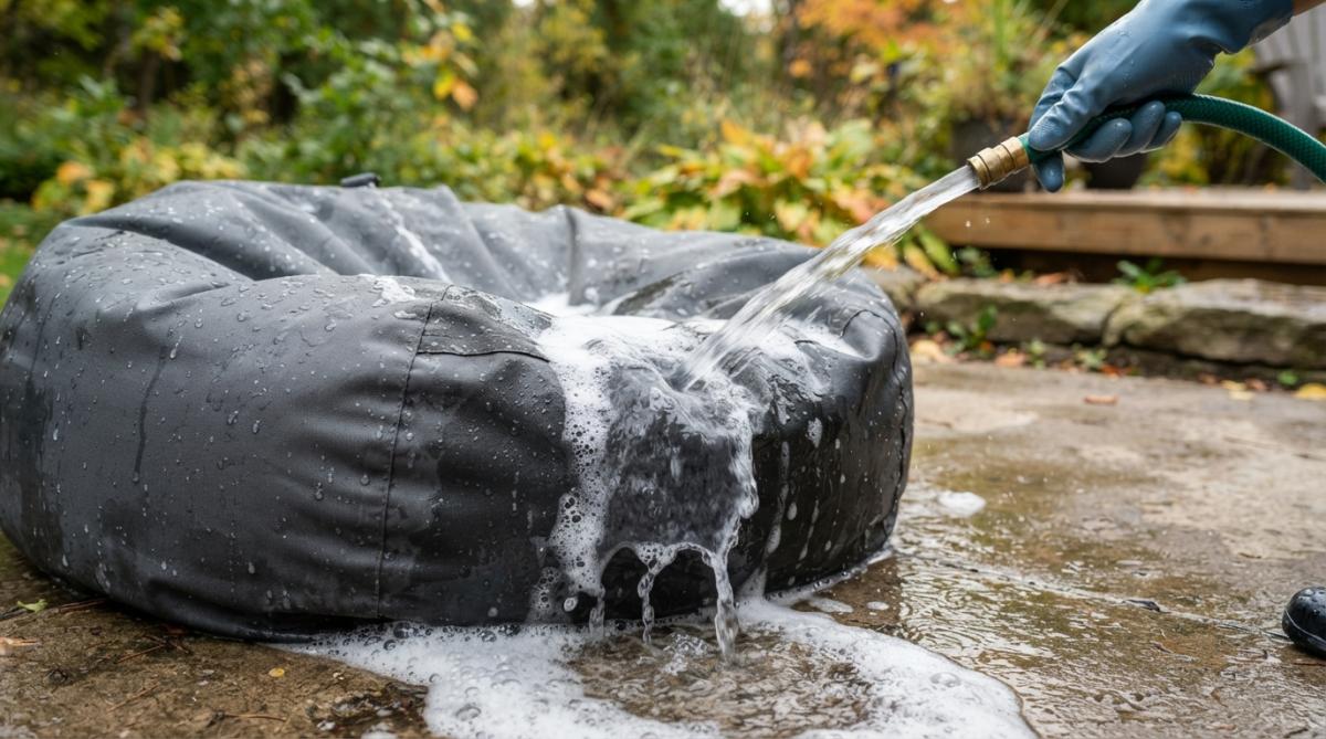 Mains nettoyant un pouf d'extérieur avec une brosse souple, eau savonneuse s'écoulant, lumière naturelle du jour