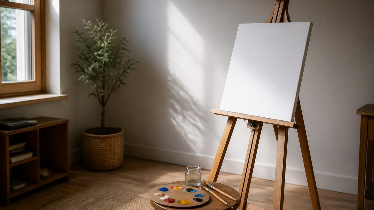Eine ruhige, aufgeräumte Ecke mit einer einzelnen Staffelei, einer Palette mit wenigen Farben und weichem Tageslicht von der Seite, keine Menschen im Bild