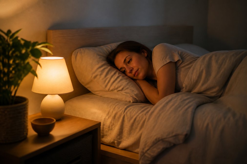 Schlafzimmer mit gedimmtem warmem Licht, Person liegt im Bett auf der Seite, beruhigende Umgebung mit Pflanze auf dem Nachttisch