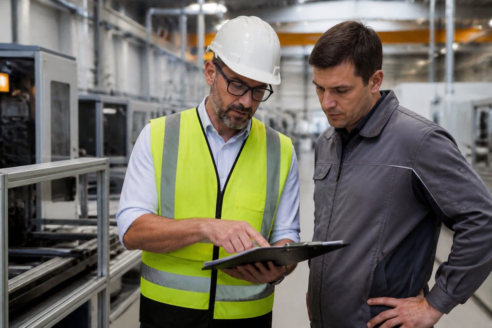 A safety consultant in a hard hat and safety vest reviewing a clipboard of compliance documents with a plant manager on the floor of a clean manufacturing facility, machinery visible in the background