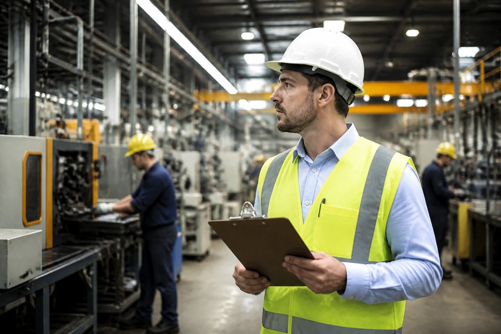 An environmental health consultant in a hard hat and safety vest holding a clipboard while inspecting an industrial manufacturing floor, with workers and machinery visible in the background