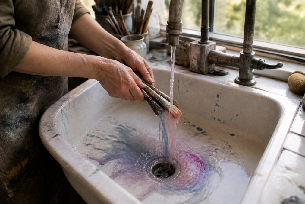 Artist rinsing paintbrushes in a studio sink as colorful water swirls down the drain in natural light