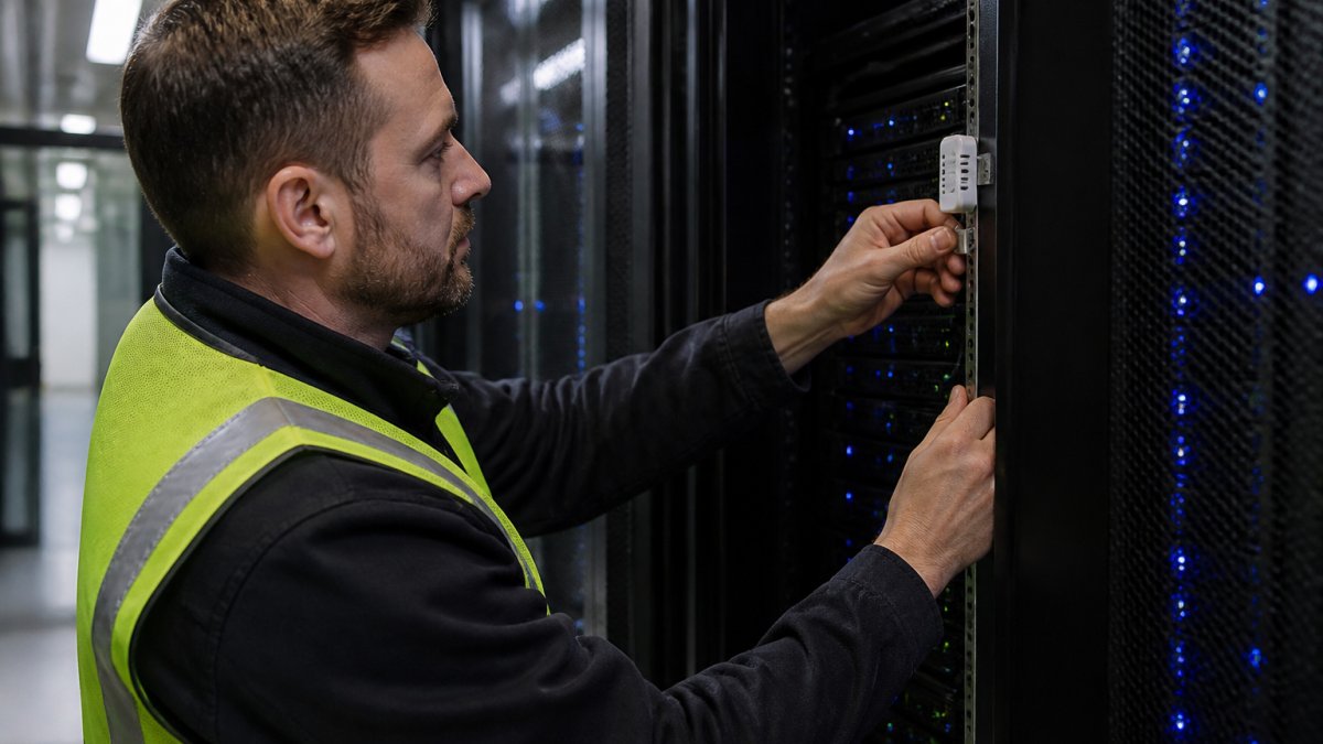 A technician in a hi-vis vest mounting a small temperature and humidity sensor probe onto the rail of a server rack inside a data centre, with rows of rack enclosures and blue indicator lights in the background