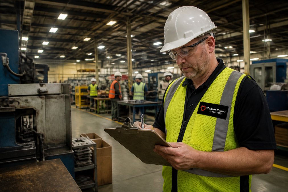 A safety consultant in a hard hat and high-visibility vest reviewing a clipboard checklist on the floor of an active manufacturing facility, with heavy industrial equipment and workers visible in the background under bright overhead lighting
