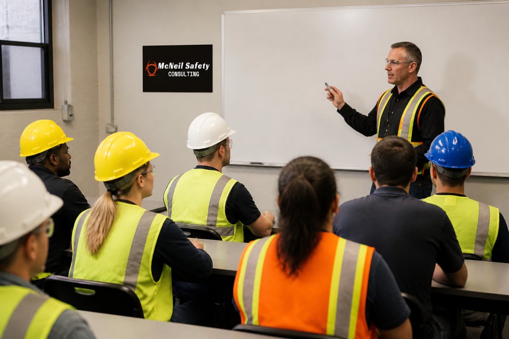 A diverse group of manufacturing employees wearing hard hats, safety glasses, and high-visibility vests attending a safety training session in a well-lit industrial training room, with a trainer presenting at a whiteboard at the front of the room
