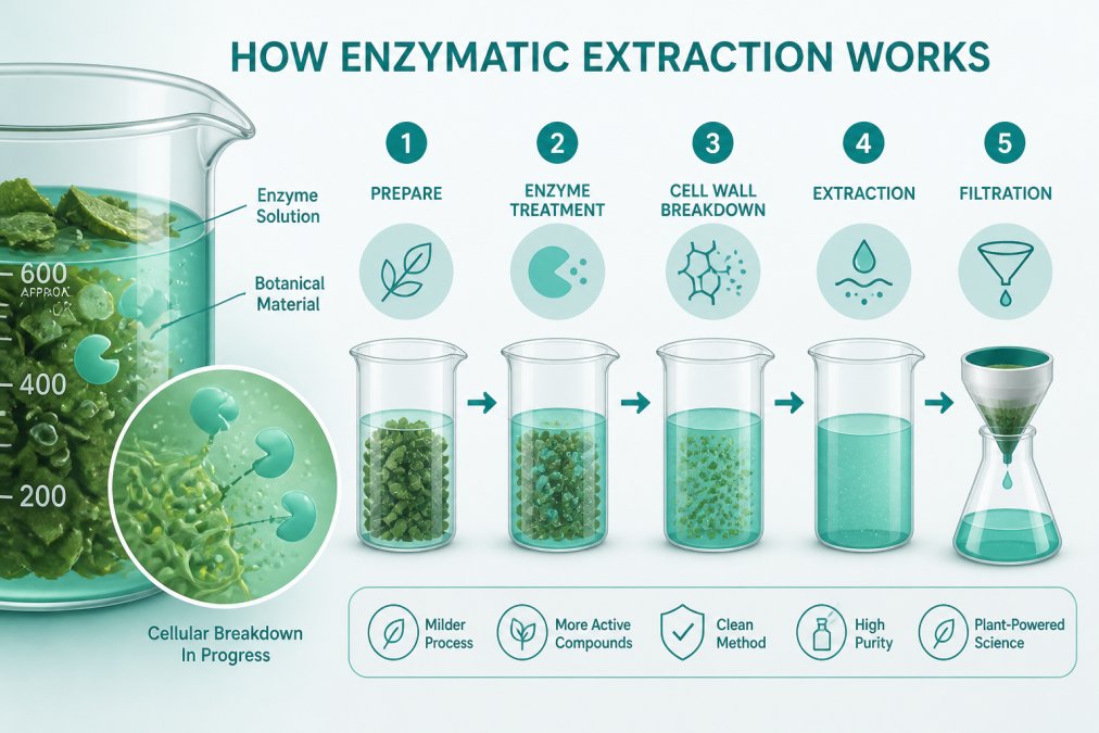 Diagram illustrating the cellular breakdown of botanical plant material during enzymatic extraction
