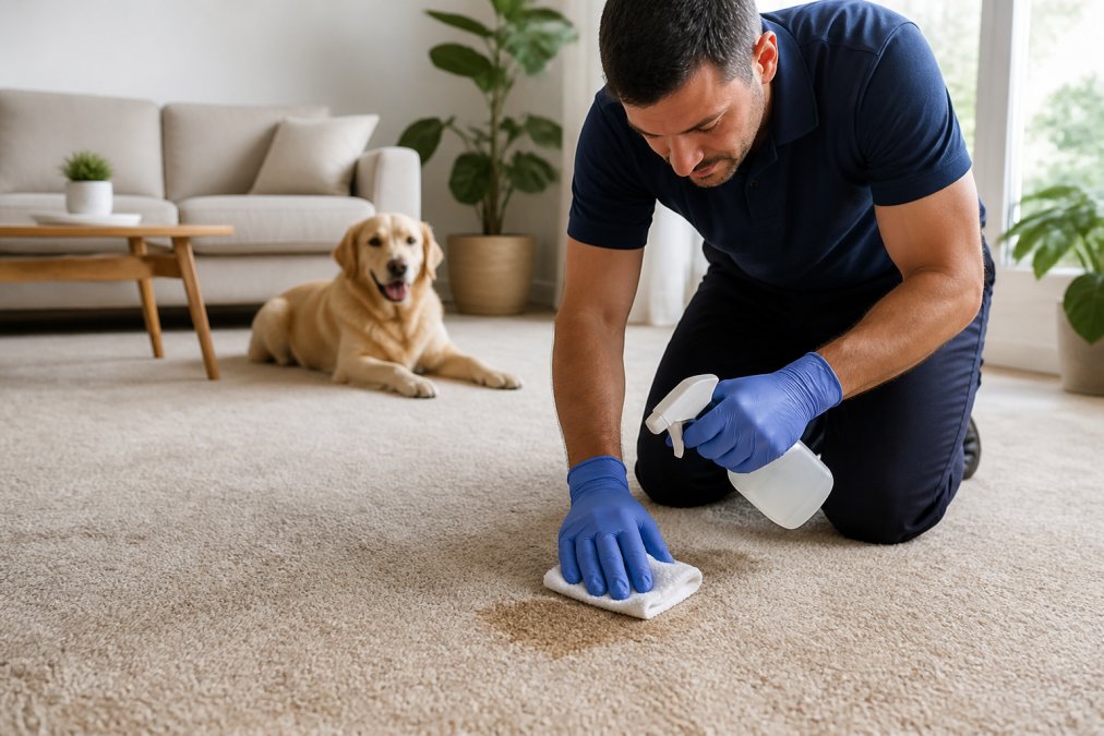 Person wearing gloves cleaning a carpet stain near a dog to show enzymatic vs standard cleaners in action