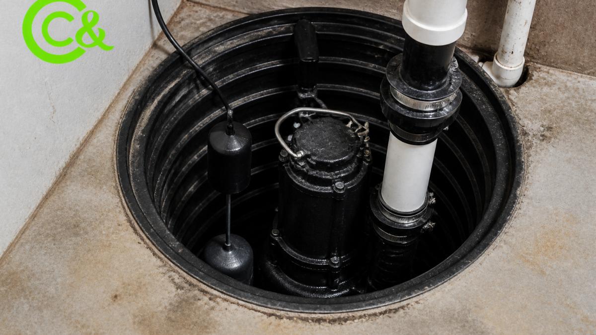 Close-up view of a grinder pump station basin with visible pump motor, float switch, and discharge pipe connection in a residential basement installation