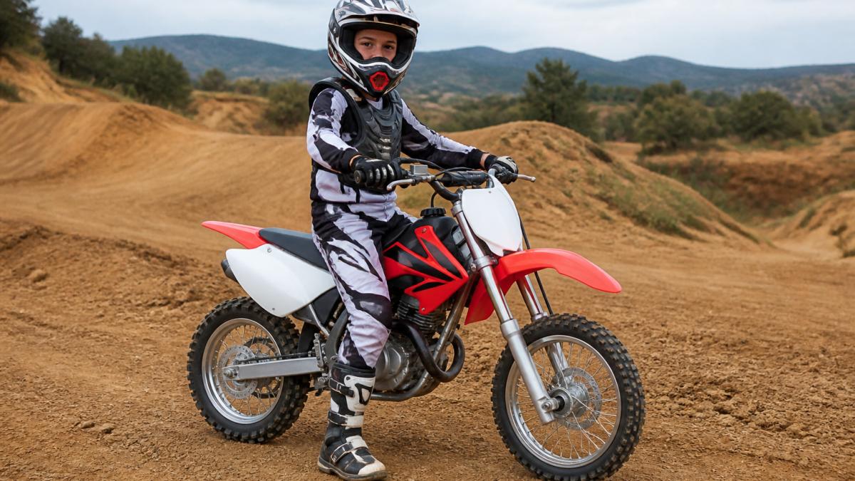 Diagram illustrating the proper sizing and fit of a 110cc dirt bike for a teenager based on height and posture.