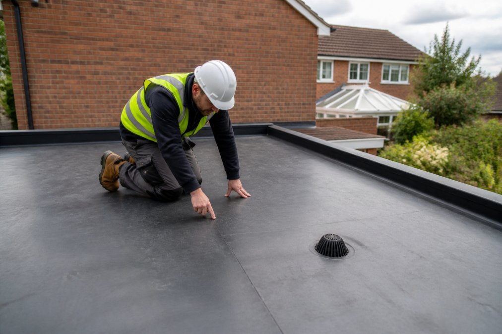 A roofing contractor in safety gear inspecting a flat EPDM rubber roof on a residential extension, checking seams and drainage outlets on a clear day