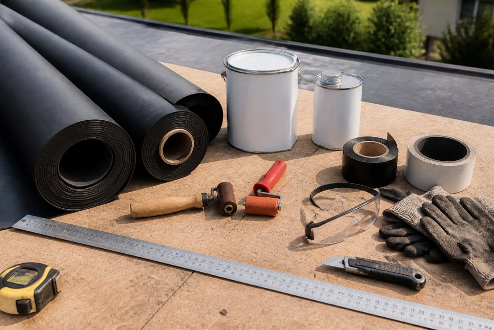 Roofing materials and tools arranged on work surface including rolls of EPDM membrane, contact adhesive containers, seam tape, measuring equipment, rollers, and safety gear