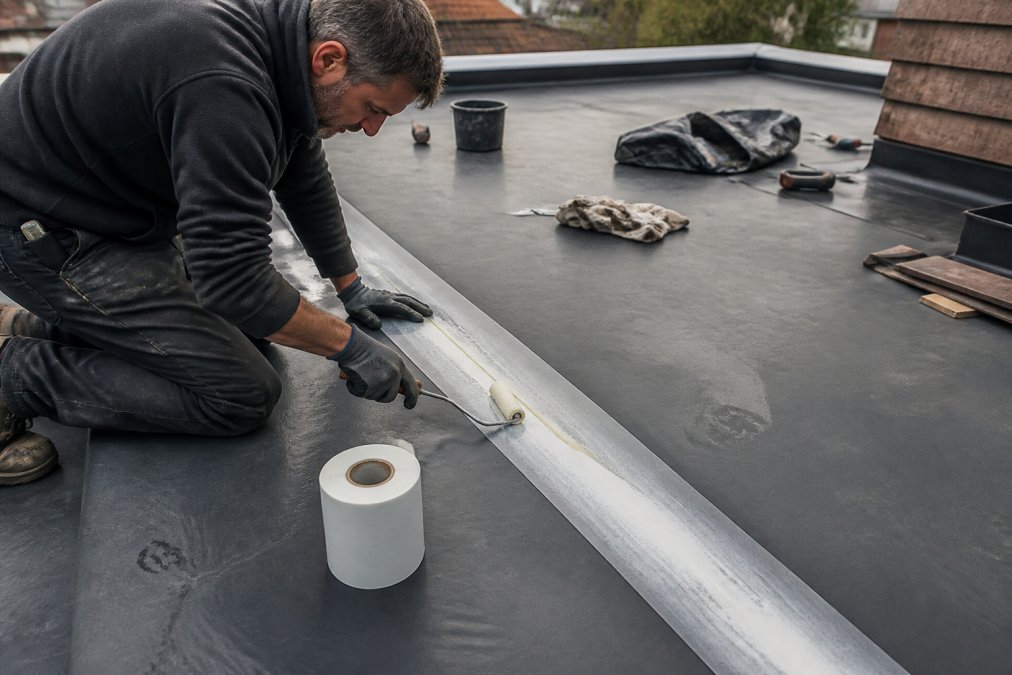 Professional roofing contractor carefully installing EPDM rubber membrane on a flat roof, demonstrating proper seam sealing technique with specialist adhesive and tape application