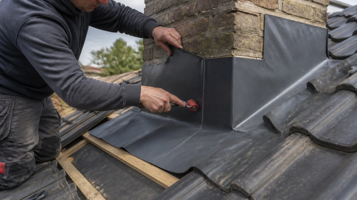 Dakdekker voert loodvervanger in op een schoorsteen met professioneel gereedschap, zichtbaar de flexibiliteit en aanpassingsvermogen van het materiaal in een dakrenovatie