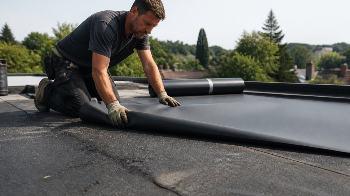 Professional demonstrating EPDM plaatsen over oude roofing voor plat dak renovatie vergelijking technique in modern roofing setting with natural lighting