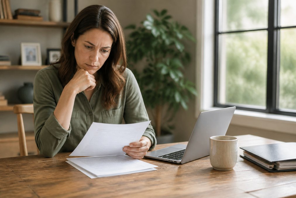A small business owner in a bright home office reviewing insurance documents at a wooden desk, laptop open and coffee mug nearby, morning light through the window