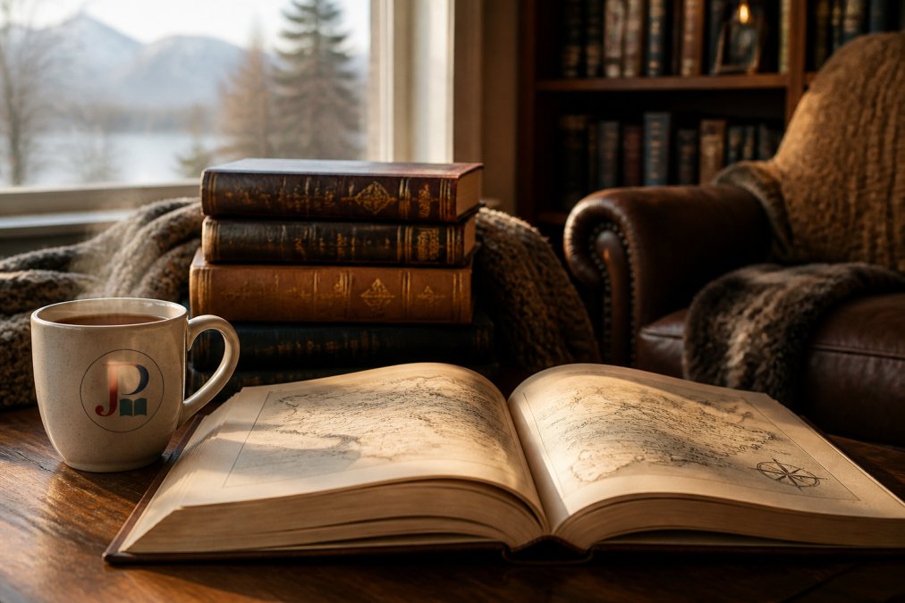 A cozy reading nook with a stack of thick epic fantasy hardcovers, a warm mug of tea, and soft natural light streaming across an open book with a map illustration