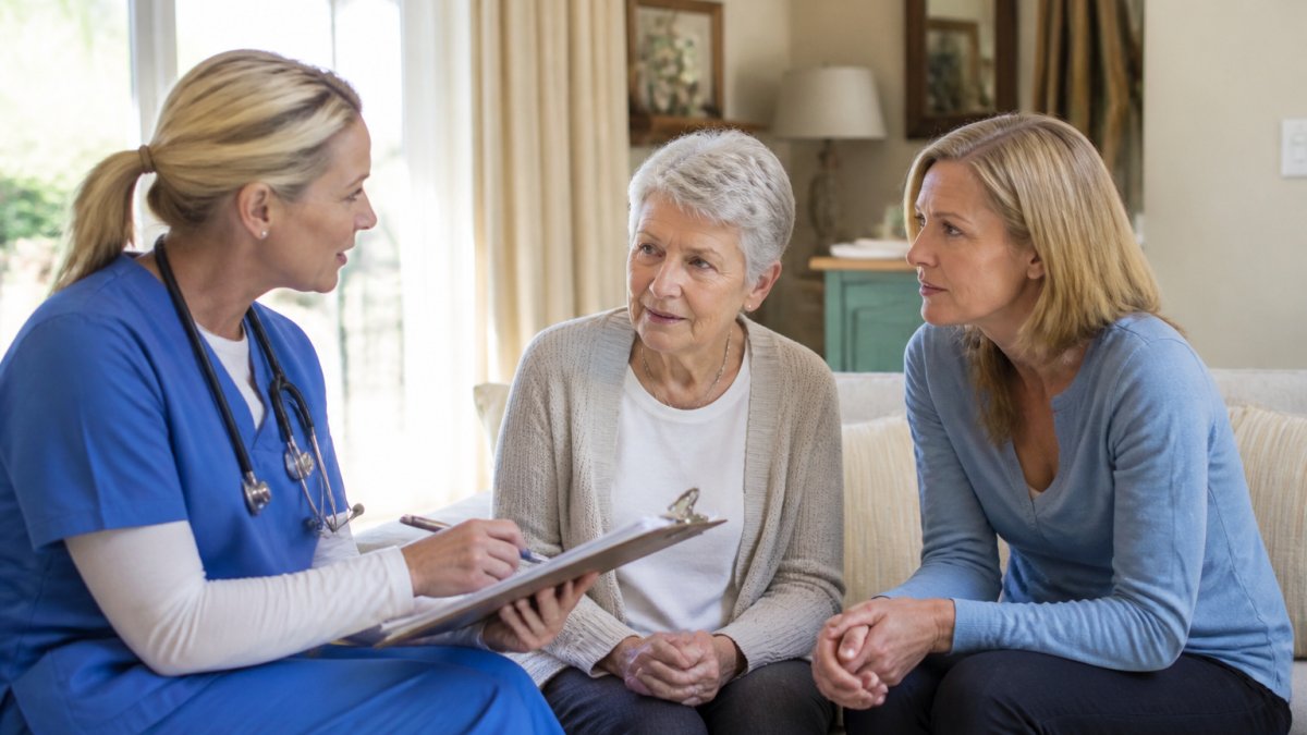 Registered nurse speaking with senior client and adult child in home setting, reviewing medication list and care plan documents on clipboard, warm natural lighting from window