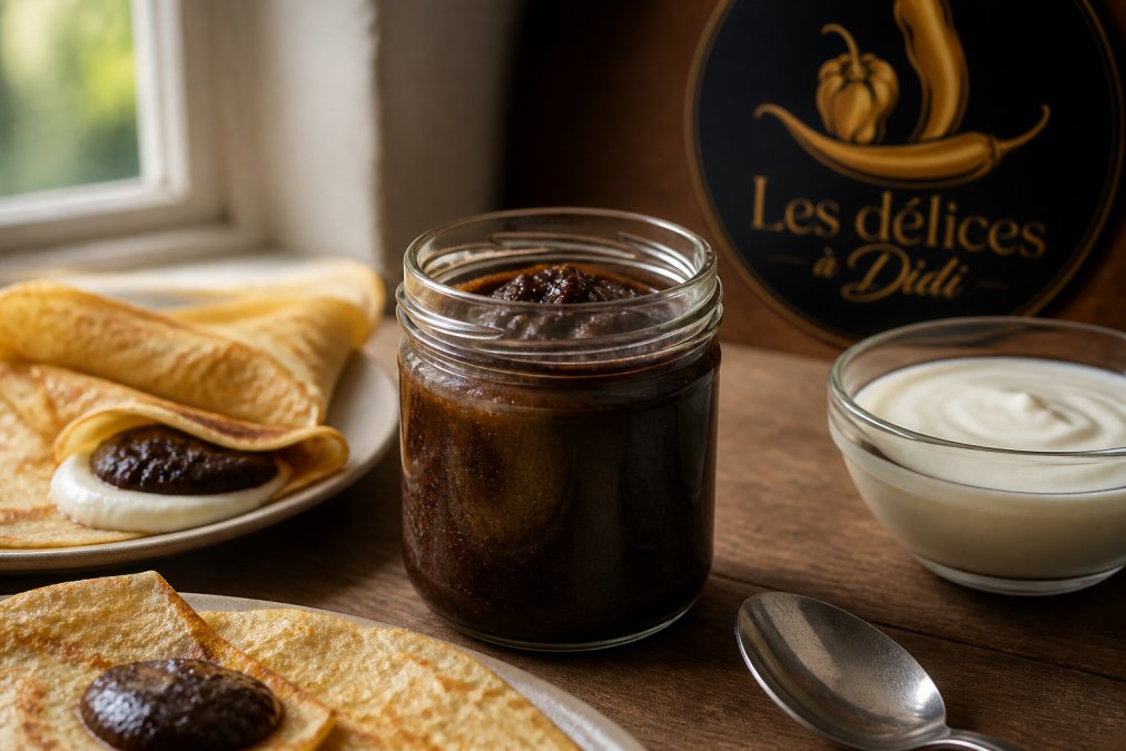 Schéma illustrant l'utilisation culinaire de la pâte de citron noir pour agrémenter des crêpes et un yaourt.
