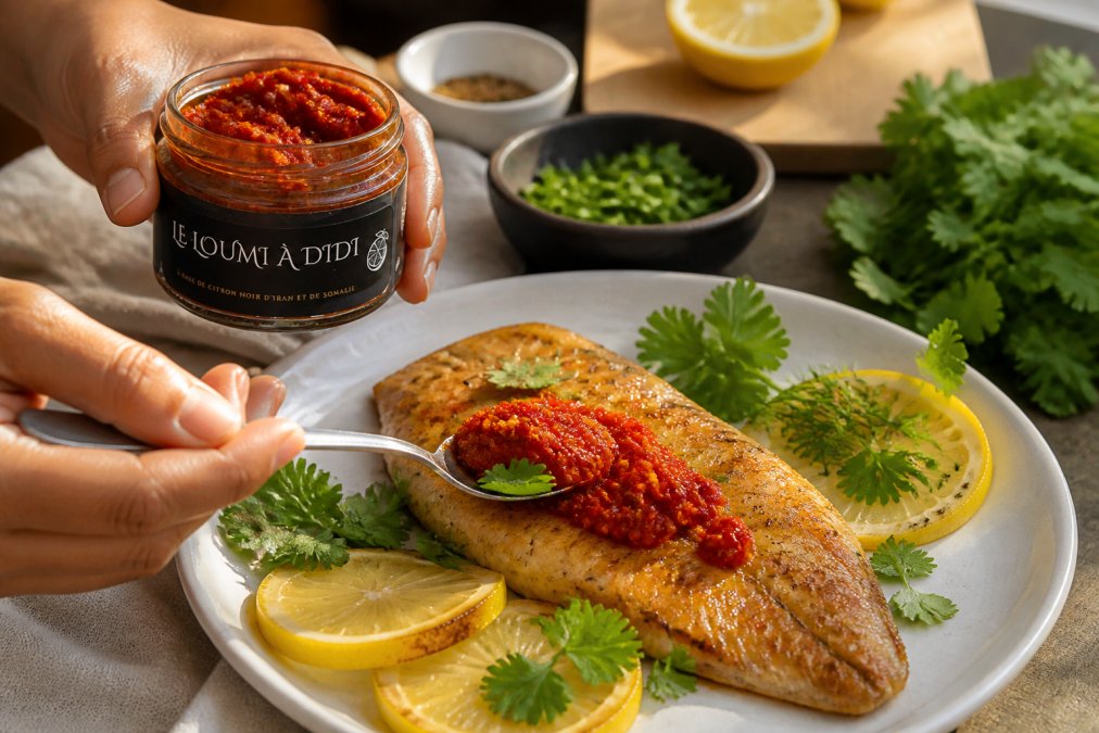 Mains versant une pâte de piment artisanale rouge vif sur un filet de poisson grillé, avec des herbes fraîches, des tranches de citron frais et une assiette blanche en arrière-plan, lumière naturelle chaude