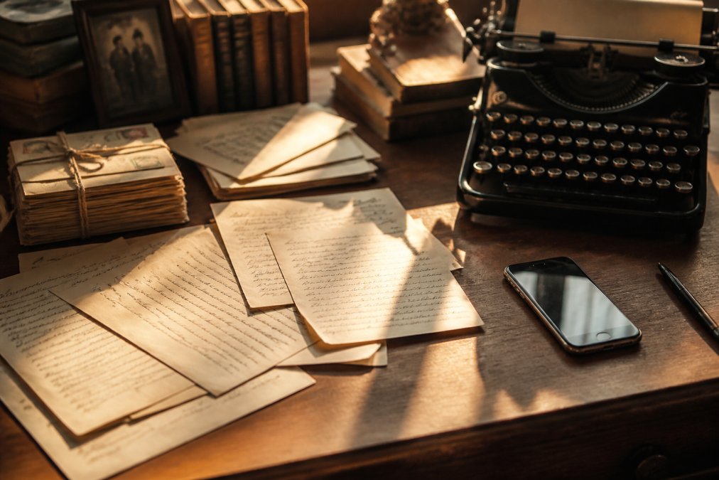 A writer's desk cluttered with old handwritten letters, a modern smartphone displaying a text thread, and a vintage typewriter, warm afternoon light casting long shadows