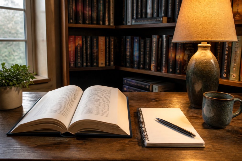 A cozy reading nook with an open epistolary novel, a notebook, and a pen on a wooden table, warm lamp light, shelves of sci-fi books in the background