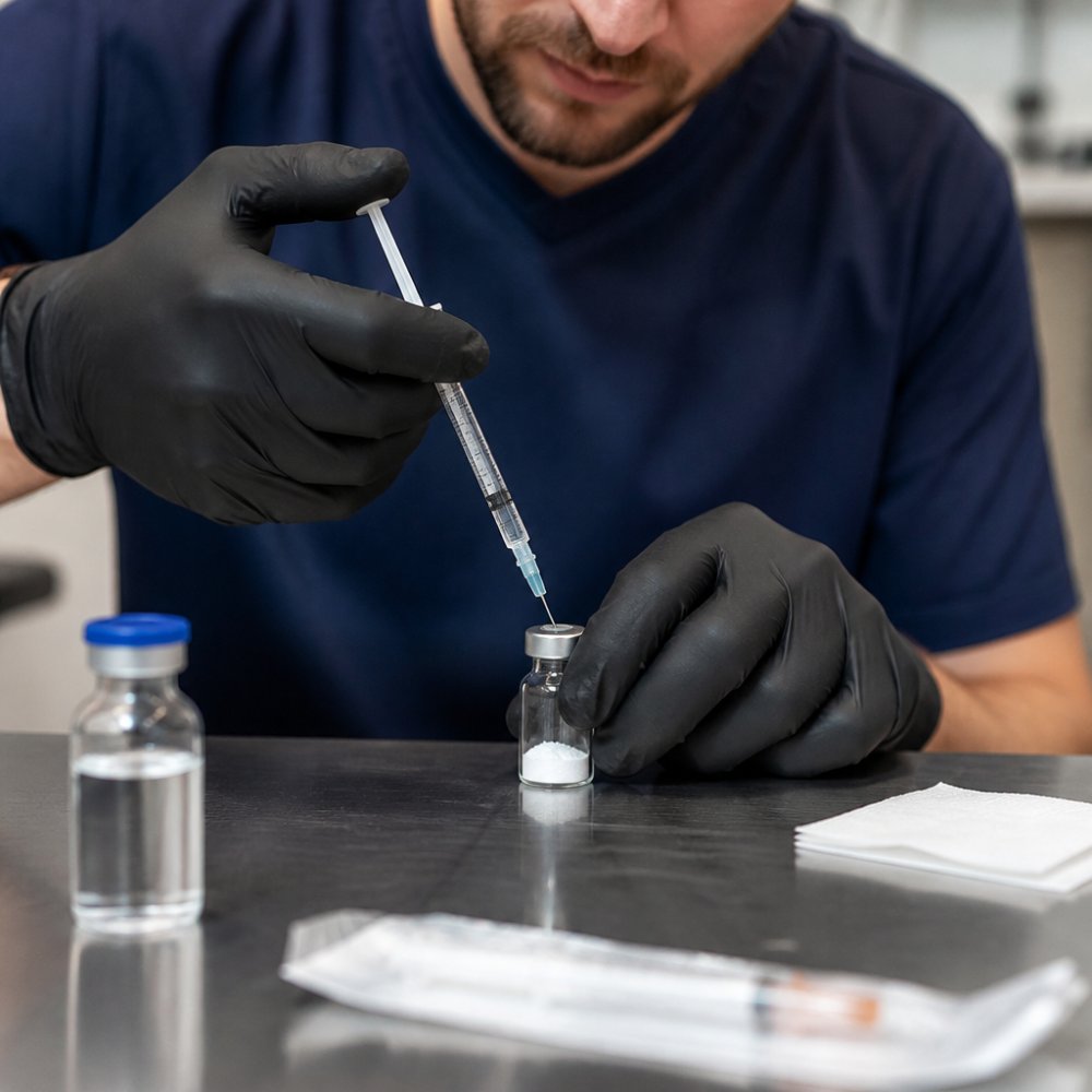 Gloved hands reconstituting lyophilized peptide powder with sterile water to study the epitalon mechanism process.