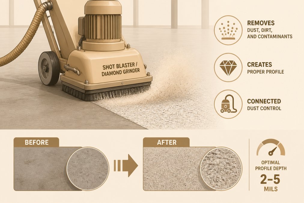 Close-up of industrial concrete floor being shot blasted, showing cloud of dust and surface texture being exposed, with heavy equipment in background